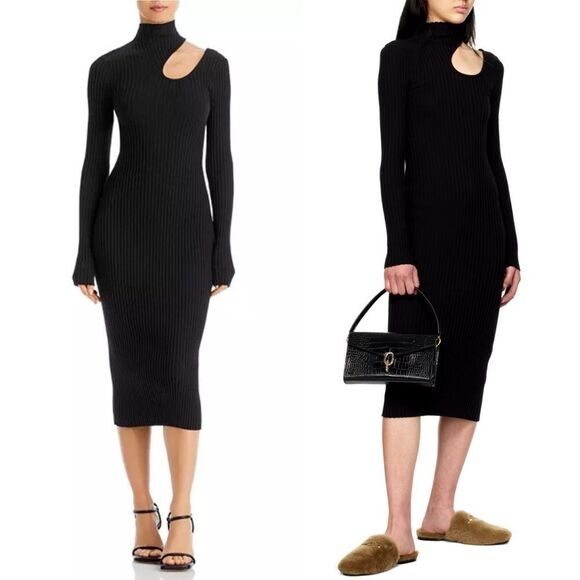 ANINE BING Size XS NWT Victoria Black Ribbed Midi Cutout Sweater Dress Cut Out - Picture 1 of 14